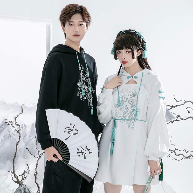 Couple Deer Embroidery Loose Hoodie Dress Modakawa