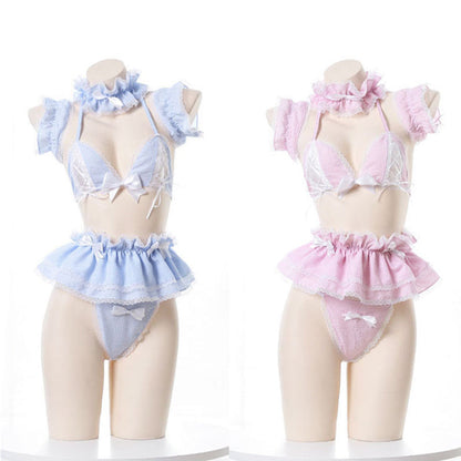 Sweet Lace Bow Knot Plaid Maid Bikini Lingerie Set Modakawa