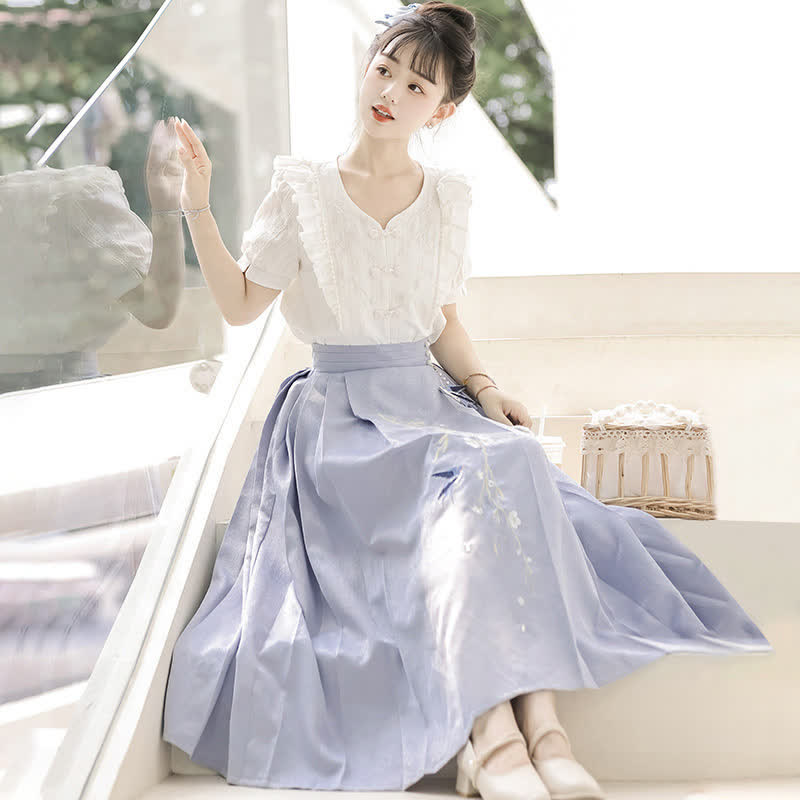 Sweet Buckle T-Shirt Embroidery Tassel Pleated Skirt modakawa