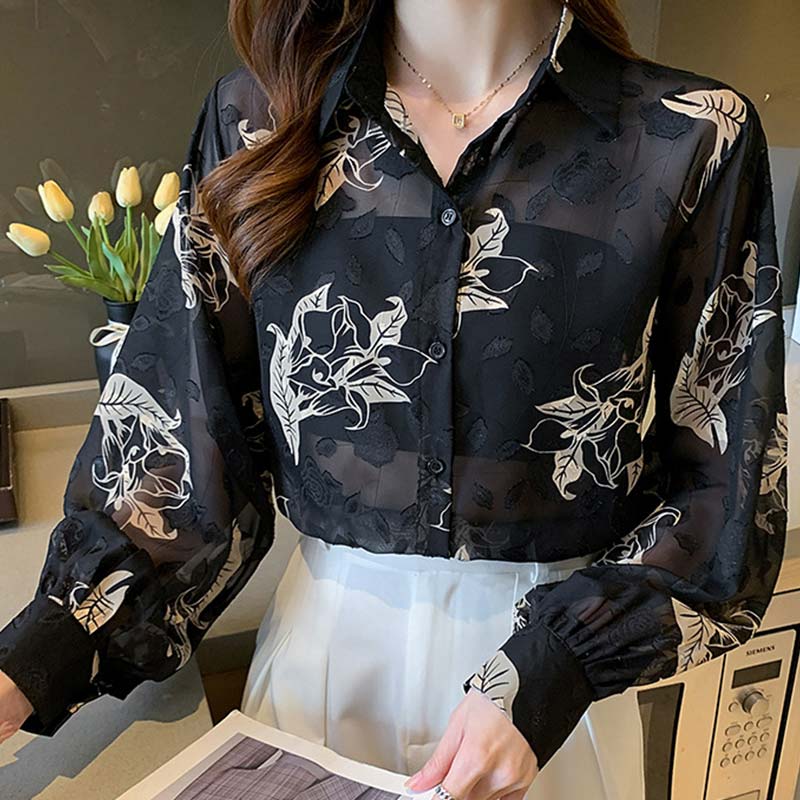 Black Floral Print Puff Sleeve Chiffon Shirt Modakawa