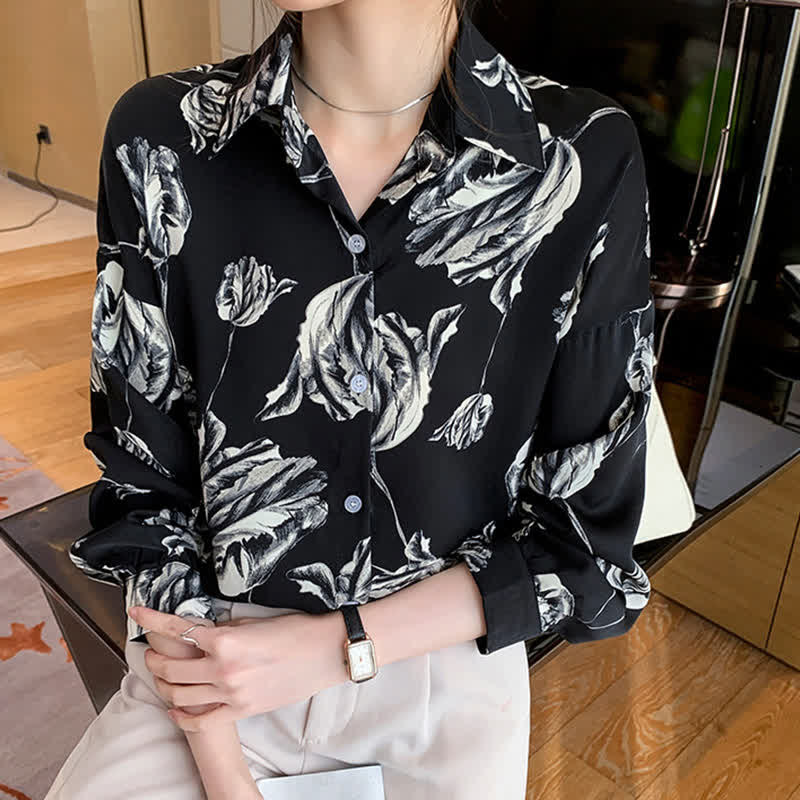 Ink Painting Blossom Print Lapel Shirt modakawa