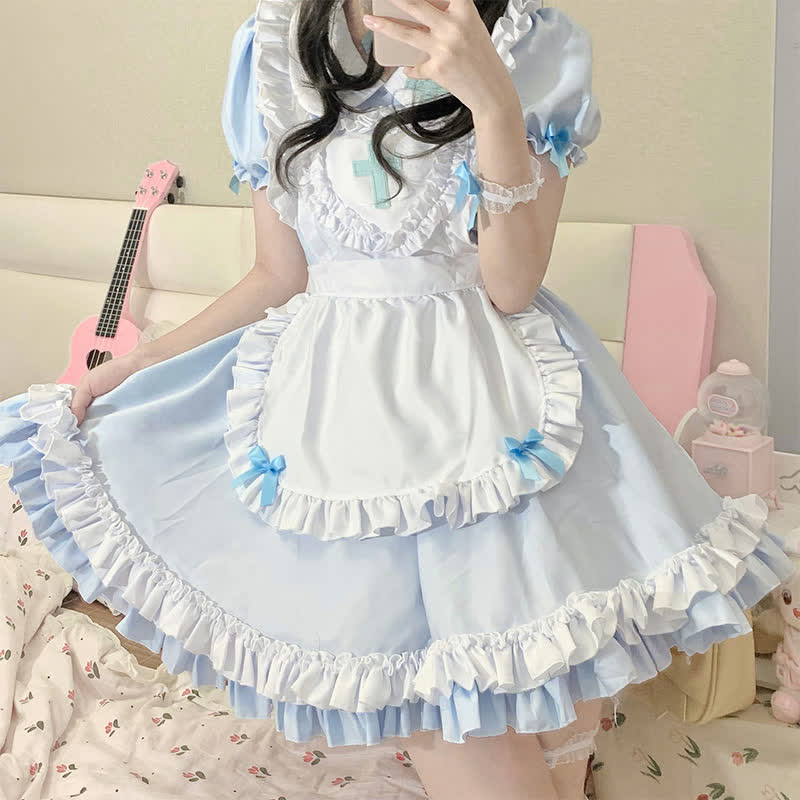 Kawaii Cross Print Ruffled Maid Lolita Dress Set Modakawa