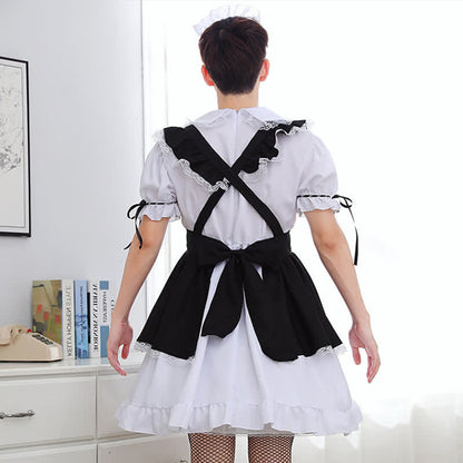 Neutral Lace Up Ruffled Maid Dress With Bow Tie Modakawa