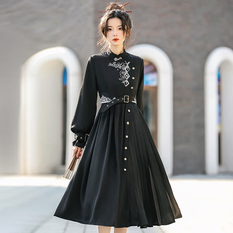 Elegant Black Vintage Embroidery Belted Pleated Dress modakawa