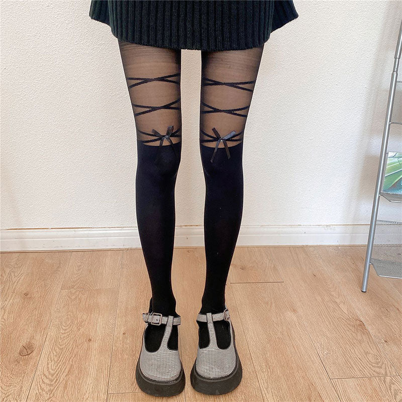 Lace Up Bow Knot Splice JK Stockings modakawa