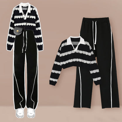 Black Heart Pattern Stripe Sweater Casual Pants Modakawa