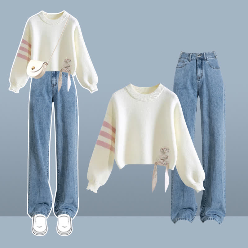 Sweet Stripe Sleeve Sweater Letter Casual Denim Pants modakawa