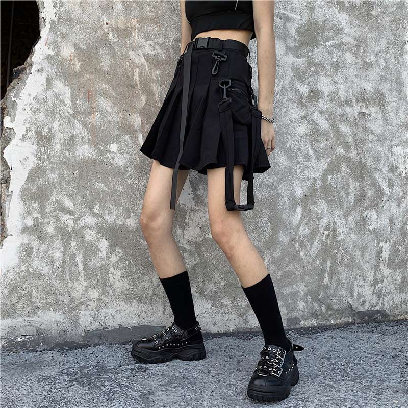 Chic Black Pocket Belted A-line Pleated Skirt Modakawa