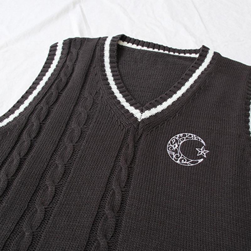 Moon Print Knitted Vest Tie Shirt Set Modakawa