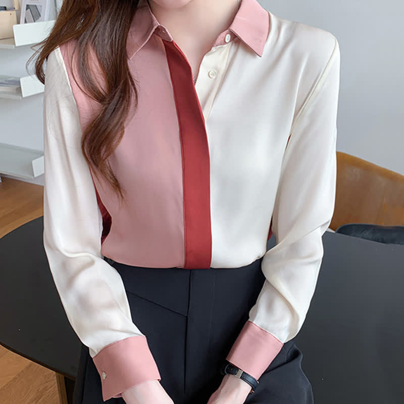 Pink White Colorblock Lapel Shirt Workwear modakawa