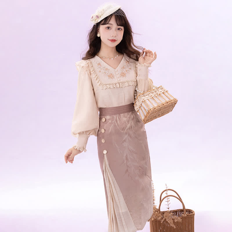 Elegant Embroidery Pink Shirt High Waist Split Pleated Skirt modakawa