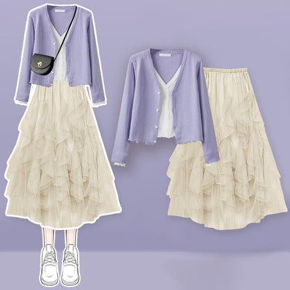 Colorblock Fake Shirt Tulle Tiered Skirt Set modakawa