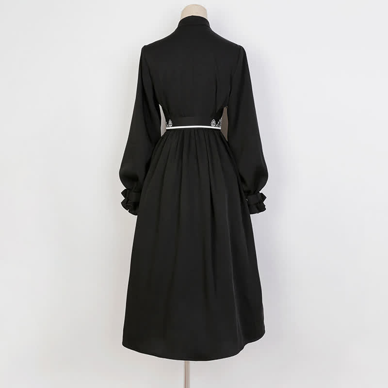 Elegant Black Vintage Embroidery Belted Pleated Dress modakawa