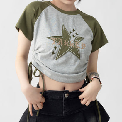 Green Colorblock Star Letter Crop Top T-Shirt Cargo Pants modakawa