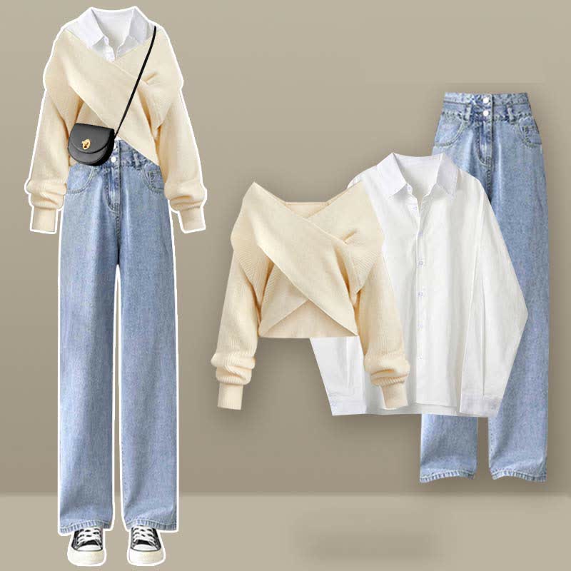 Chic Cross Knit Sweater Lapel Shirt Denim Pants Set Modakawa