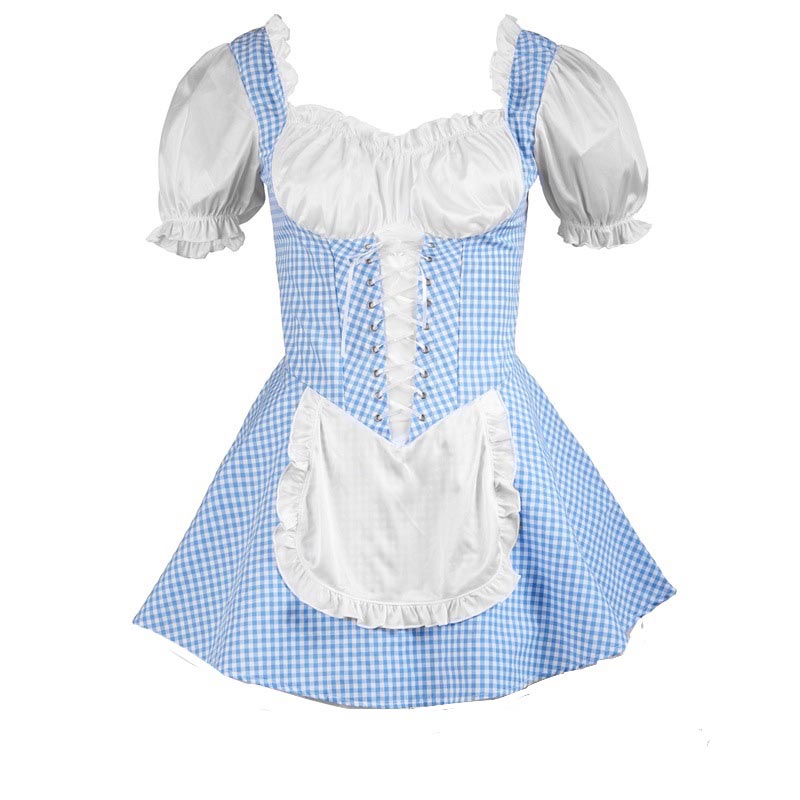 Sweet Kawaii Lattice Print Lace Up Maid Dress Modakawa