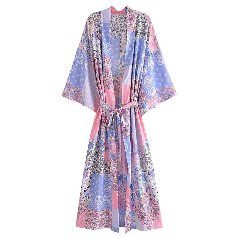 Boho Beach Print Belt Robe Long Cardigan Outerwear modakawa