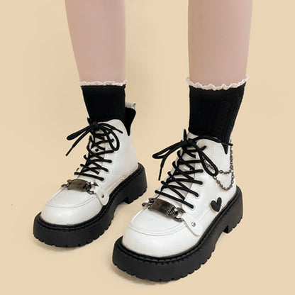 Chain Decor Love Heart Platform Round White Toe Boots modakawa