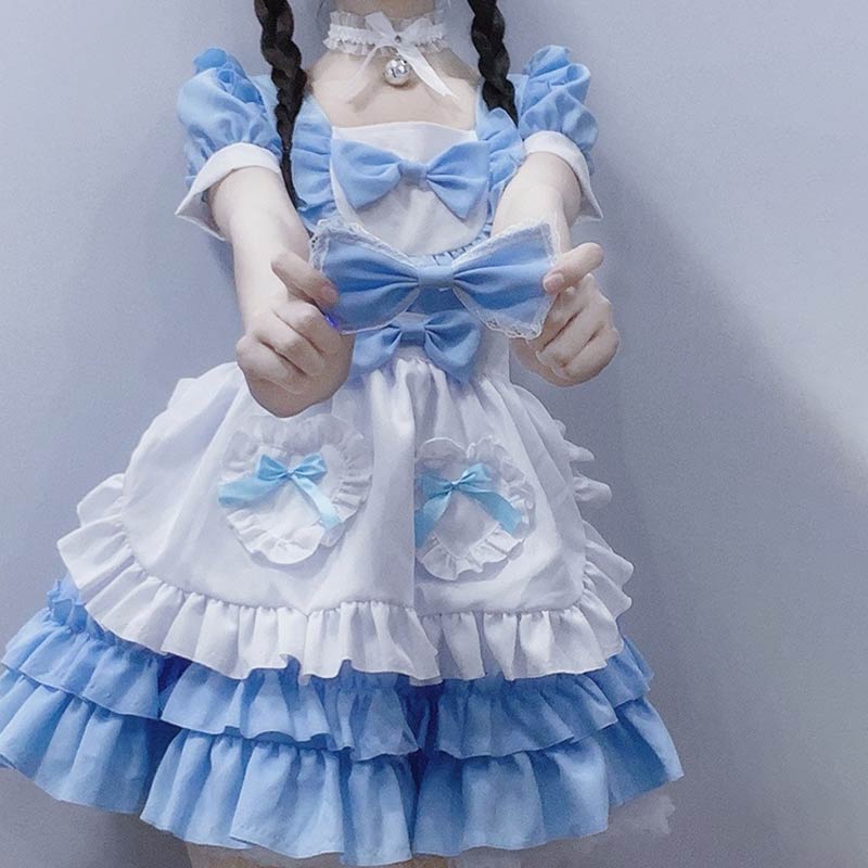 Kawaii Blue Lace Up Bow Maid Lolita Dress Modakawa