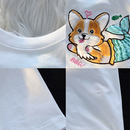 Cartoon Mermaid Puppy Plush Short Sleeve Casual T-shirt modakawa