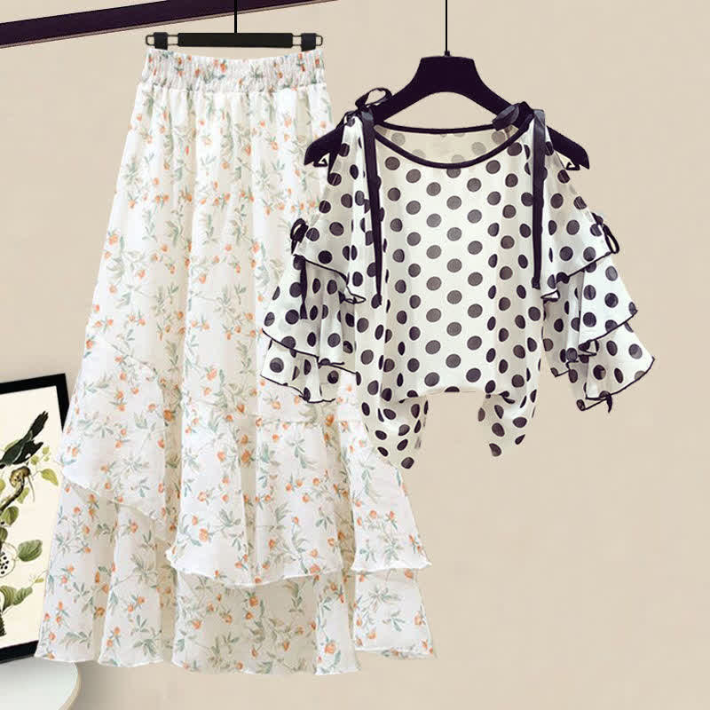 Floral Print Shoulder Chiffon Shirt Flowers Skirt modakawa