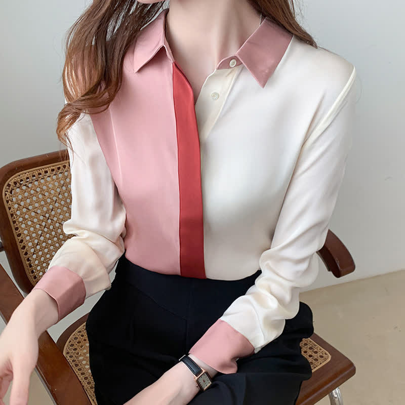 Pink White Colorblock Lapel Shirt Workwear modakawa