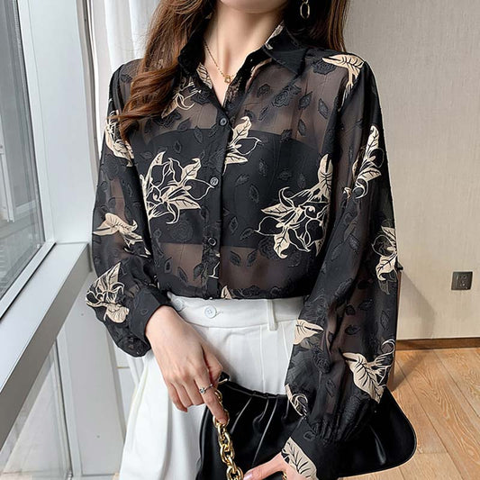 Black Floral Print Puff Sleeve Chiffon Shirt Modakawa