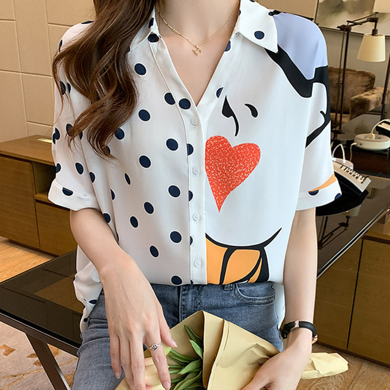 Heart Polka Dots Print Blouse Workwear modakawa