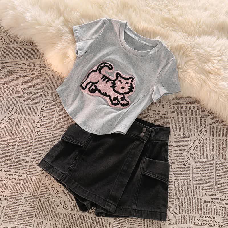 Pink Tiger Embroidery Crop Top T-Shirt Denim Shorts modakawa