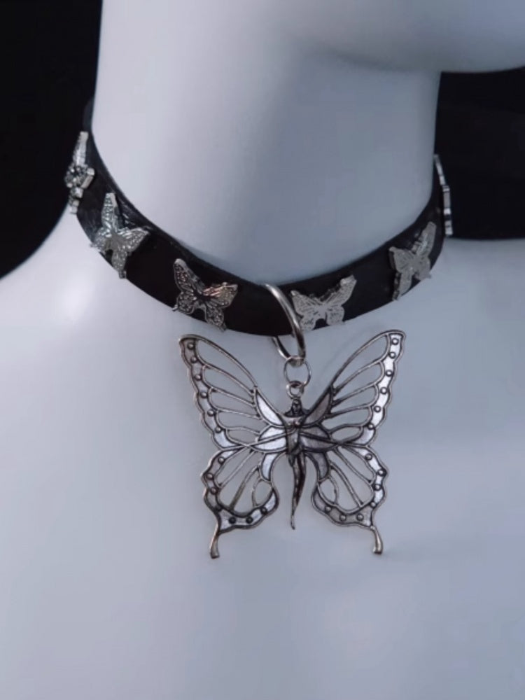 Handmade Metal Butterfly Pendant Black Choker mySite