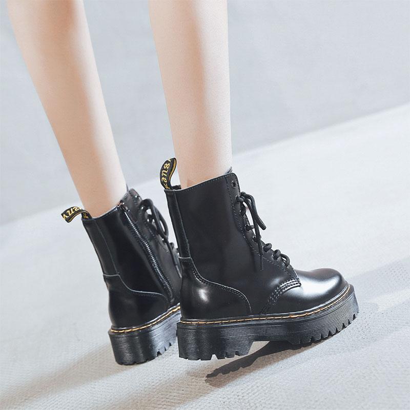 Black Leather Platform Lace Up Martin Boots Modakawa