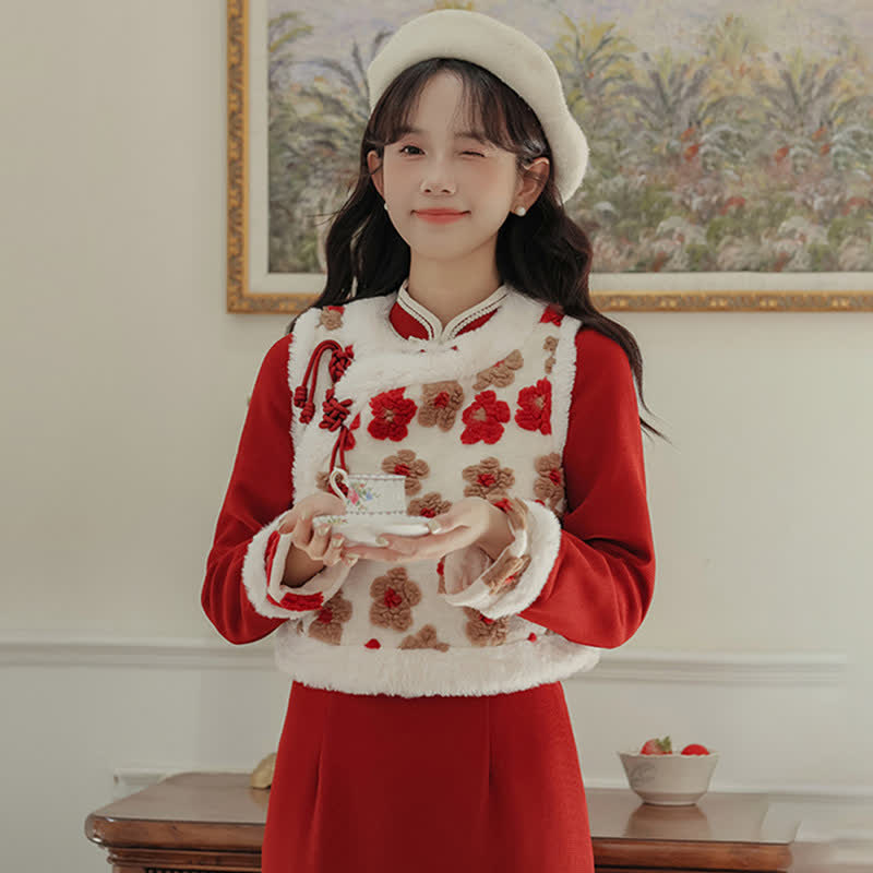 Red Flowers Buckle Vest Bowknot Cheongsam Dress modakawa