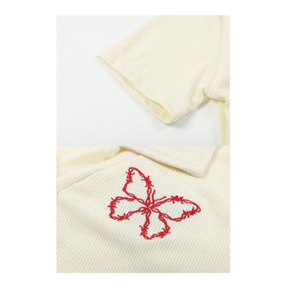 Butterfly Lertter Embroidery Lapel Crop Top Denim Overalls modakawa