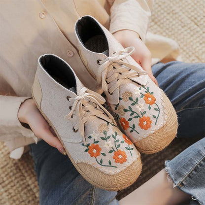 Elegant Embroidery Floral Lace up Canvas Boots Modakawa