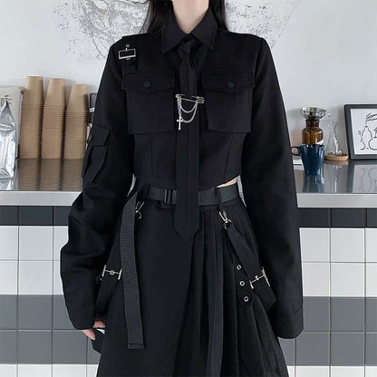 Cool Black Pocket Shirt Pleated Skirt Tie Set Modakawa