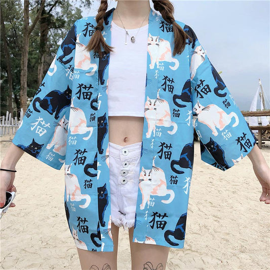 Cute Blue Cat Print Casual Kimono Outerwear Modakawa