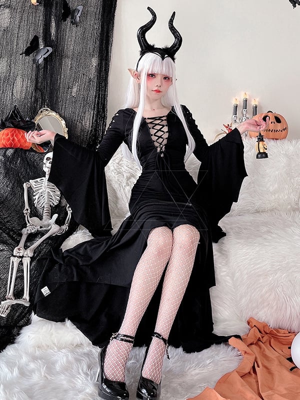 Halloween Costume Black Wide Bat Sleeves Witch Dress mySite