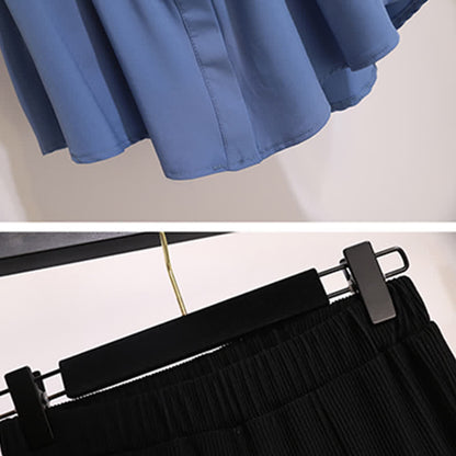 Blue Lapel Chiffon Shirt Flared Split Pants modakawa