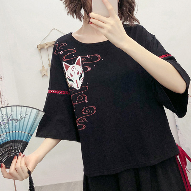 Black Sakura Fox Print Lace Up T-Shirt Wide Leg Pants Modakawa