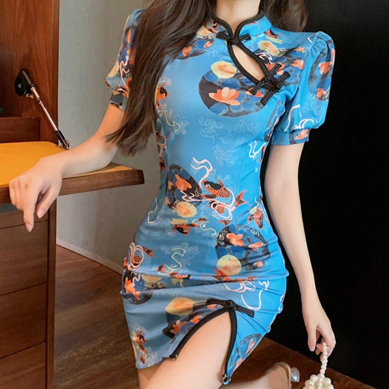 Charming Blue Floral Buckle Split Cheongsam Dress modakawa