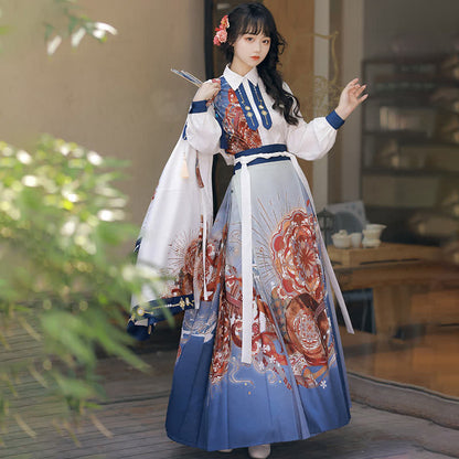 Vintage Red Flowers Print Cardigan Shirt Skirt Pants Set modakawa