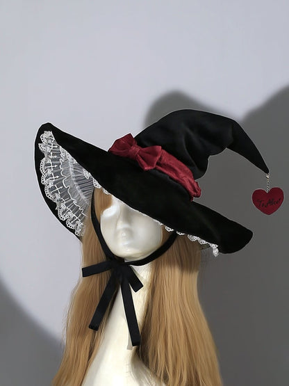 Black Red Bow with Lace Halloween Witch Hat mySite