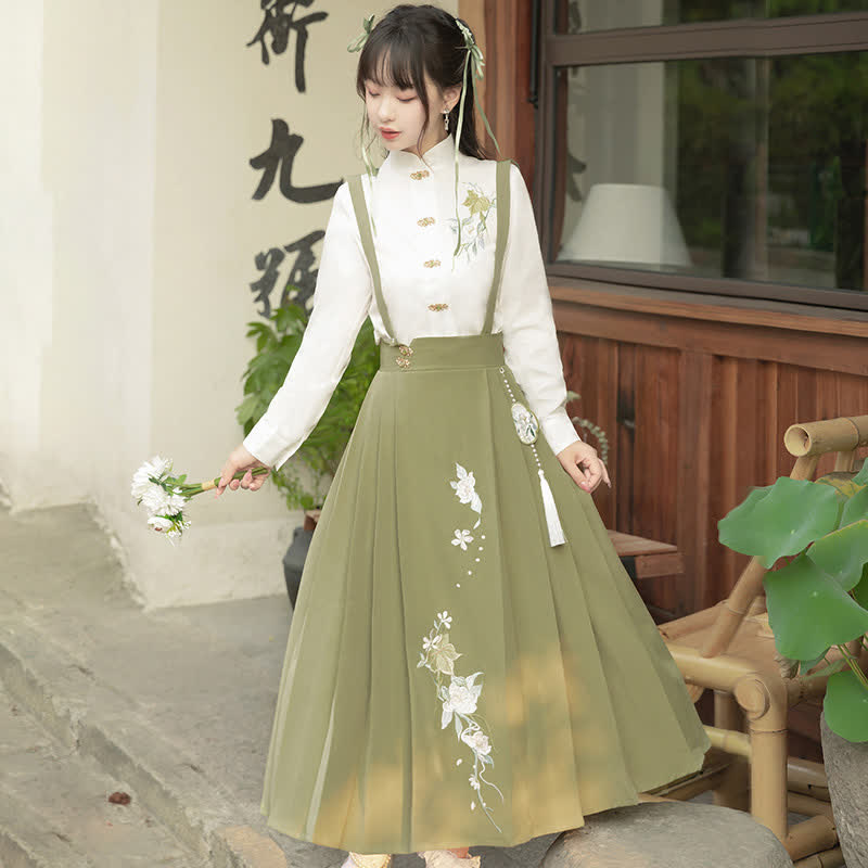 Buckle Floral Embroidery Green Dress Set modakawa