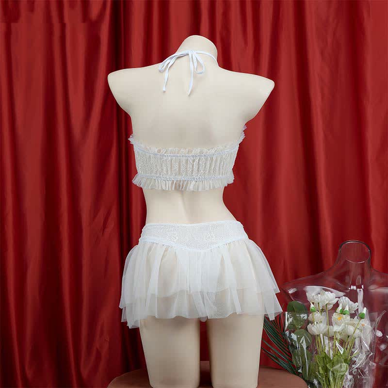 Sweet Halter Lace up Chiffon Maid Lingerie Set modakawa