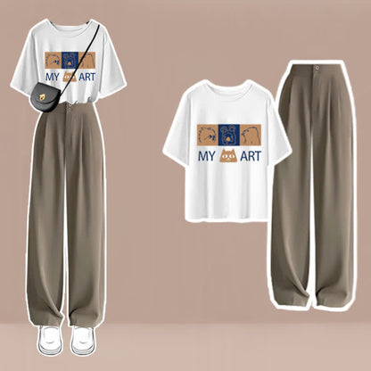 Cartoon Print T-Shirt High Waist Wide Leg Pants modakawa