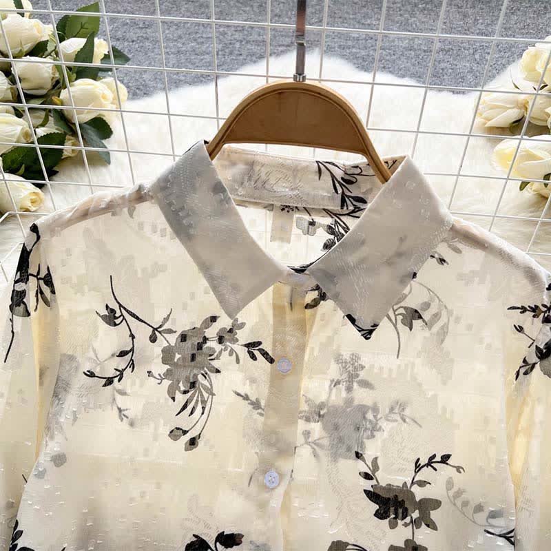 Floral Embroidery Puff Sleeve Chiffon Shirt modakawa