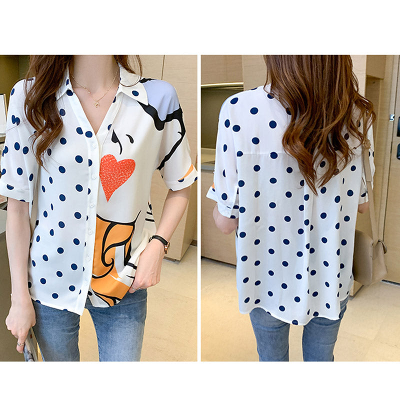 Heart Polka Dots Print Blouse Workwear modakawa