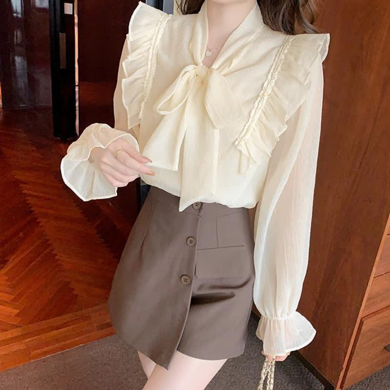 Elegant Bowknot Flouncing Chiffon Shirt modakawa