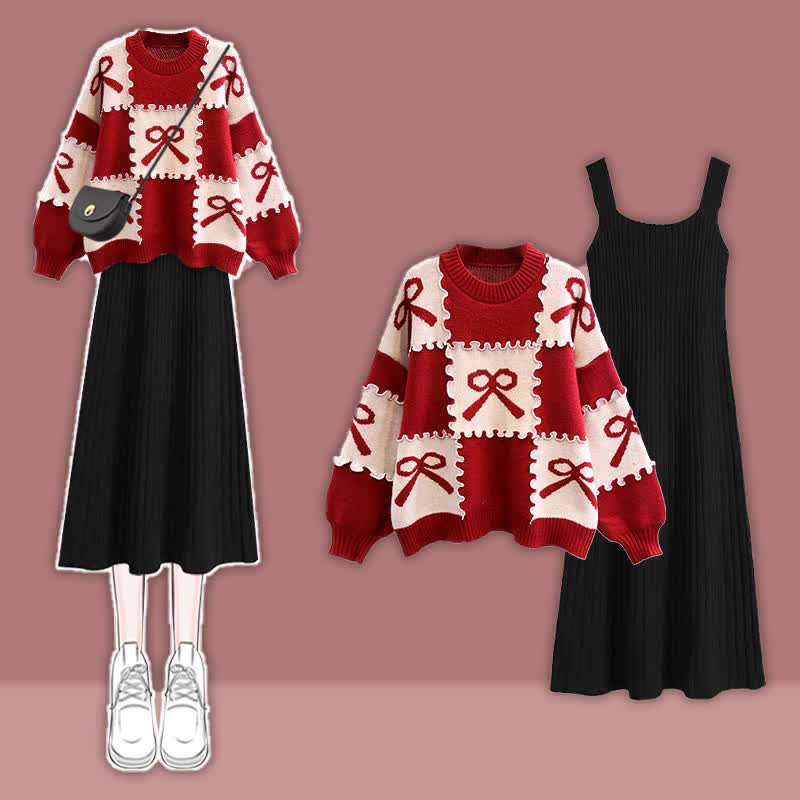 Red Bow Knot Print Colorblock Sweater Slip Dress Set modakawa