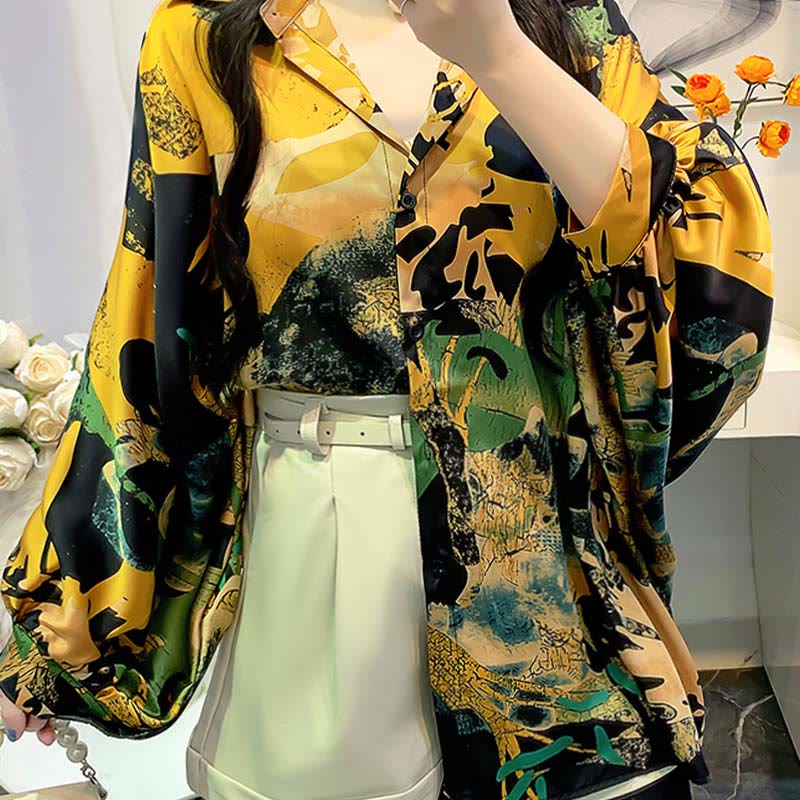 Vintage Floral Batwing Sleeve Lapel Shirt Workwear modakawa